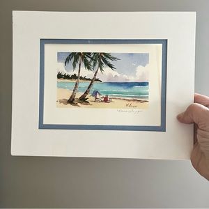 Lorna Griggs small watercolor of palm tree beach signed